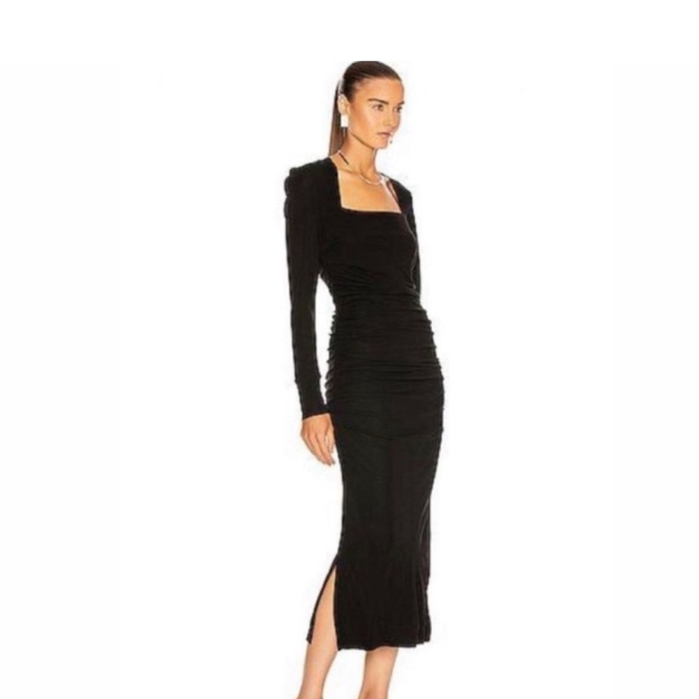 Ganni square neck ruched mesh midi dress